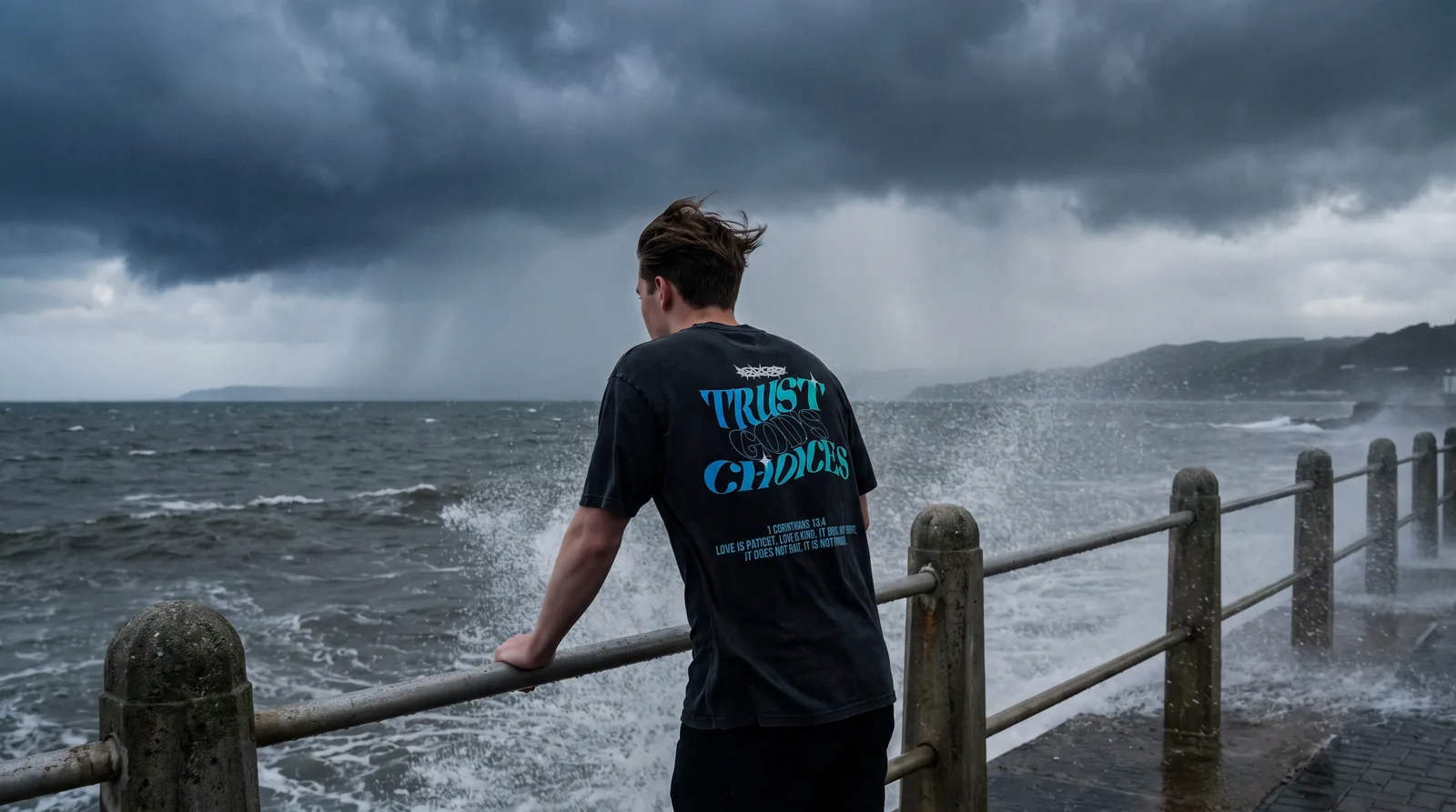 CHOICES campaign, a seafront railing under a storm sky