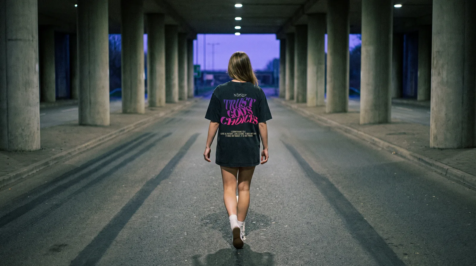 CHOICES campaign, walking through an underpass at dusk