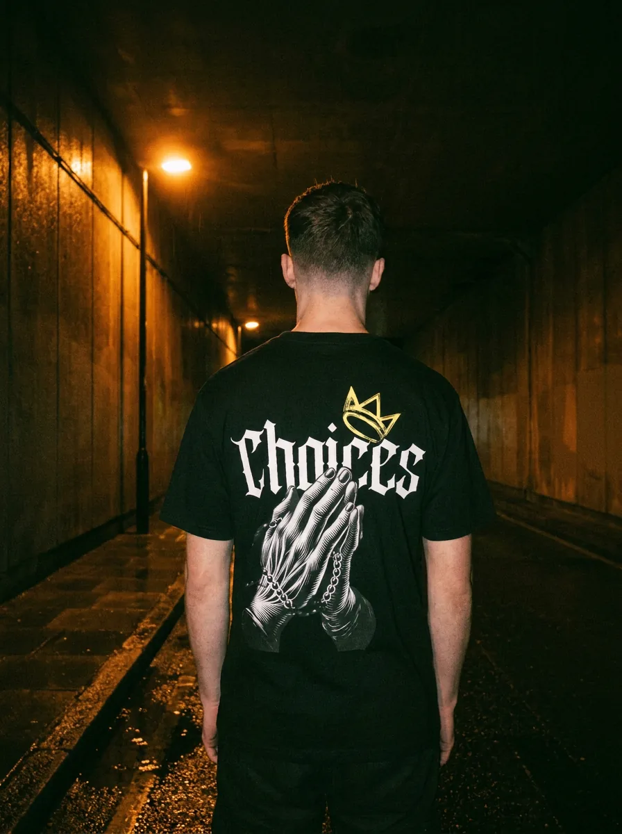 Crowned Choices worn in a sodium-lit underpass at night