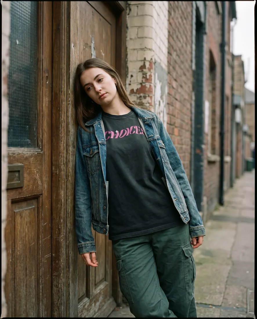 The Sunset tee worn in a doorway in soft daylight