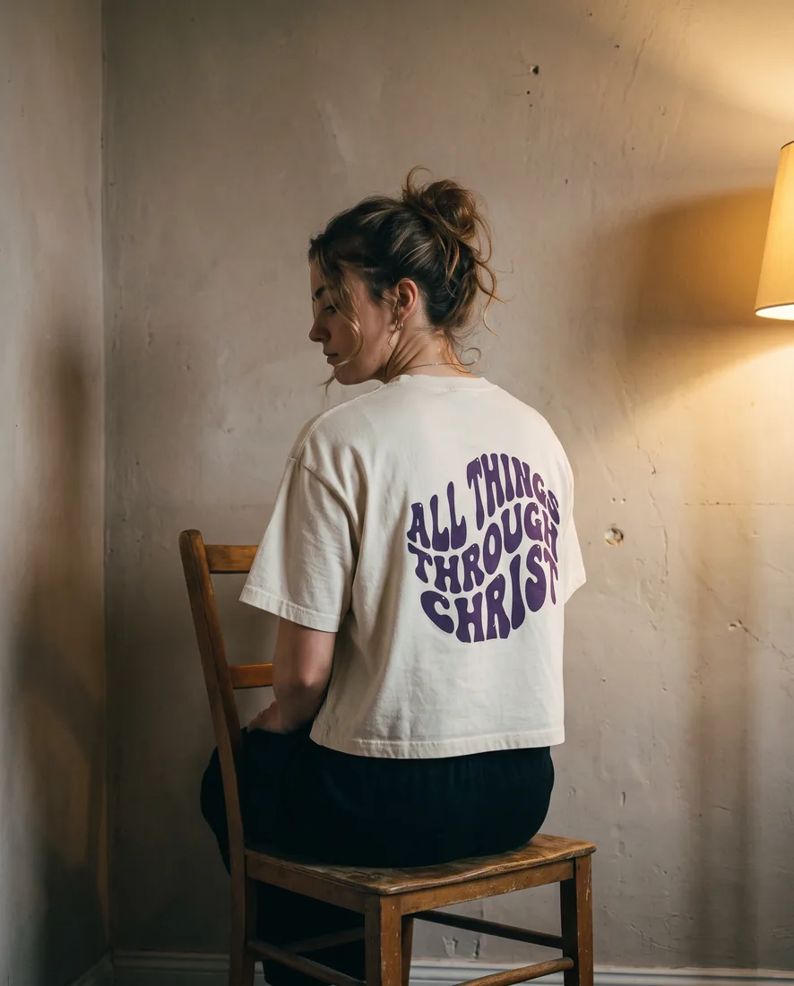 The Cream Crop worn on a wooden chair in warm lamp light