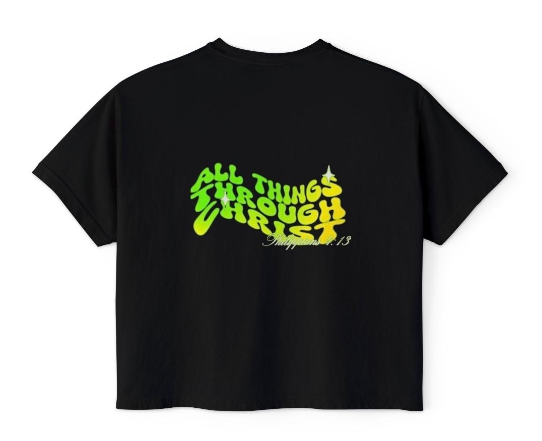 Acid crop tee, back: All Things Through Christ with Philippians 4:13