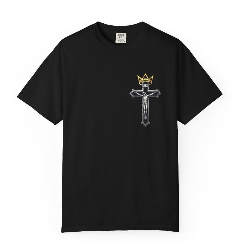 Crowned Choices tee, front: crowned crucifix pocket print