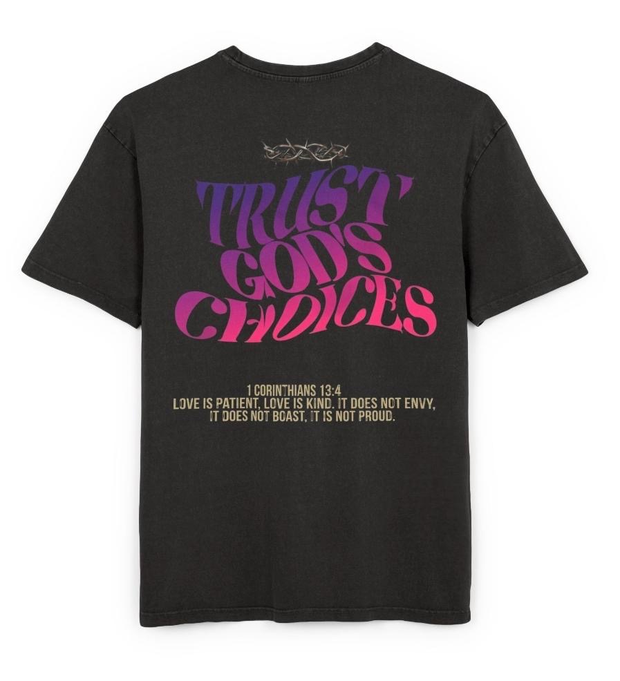 Sunset tee, back: Trust God's Choices in magenta and violet with thorn crown