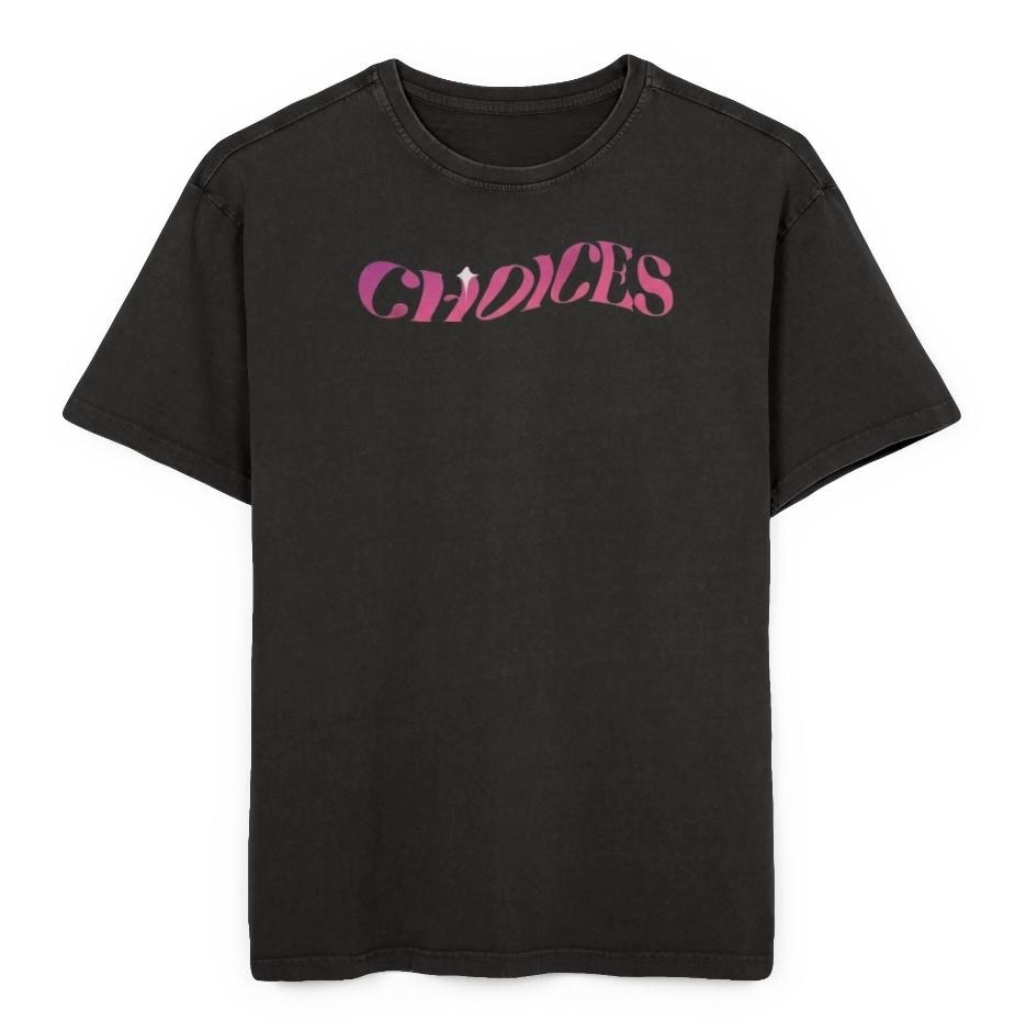 Sunset tee, front: CHOICES in magenta chrome